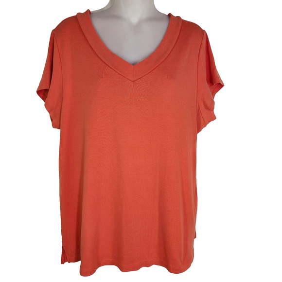 Coldwater Creek Womens Tee Short Cap Sleeve Orange 1X 100% Pima Cotton V Neck - Picture 1 of 9